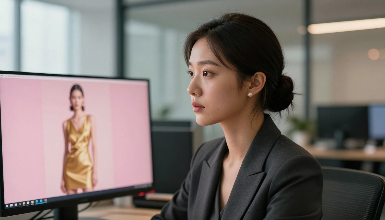 Young professional woman gazing at large curved monitor displaying AI-generated fashion portrait artwork