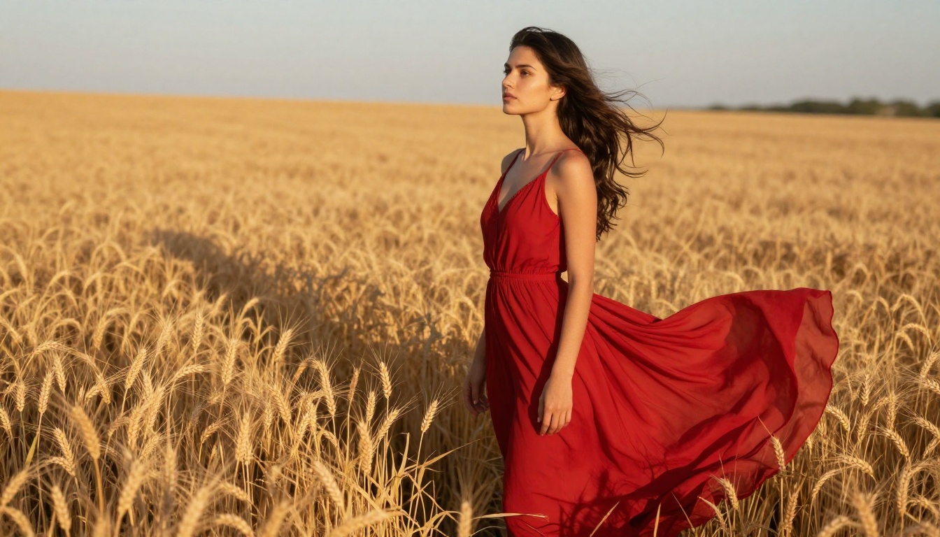 A woman in a red dress standing in a golden wheat field at golden hour