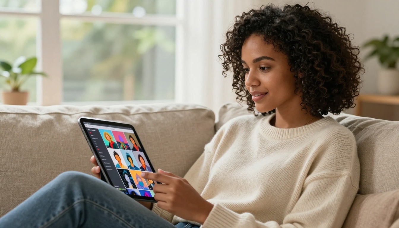 Professional woman using tablet to browse AI-generated image collection on linen sofa