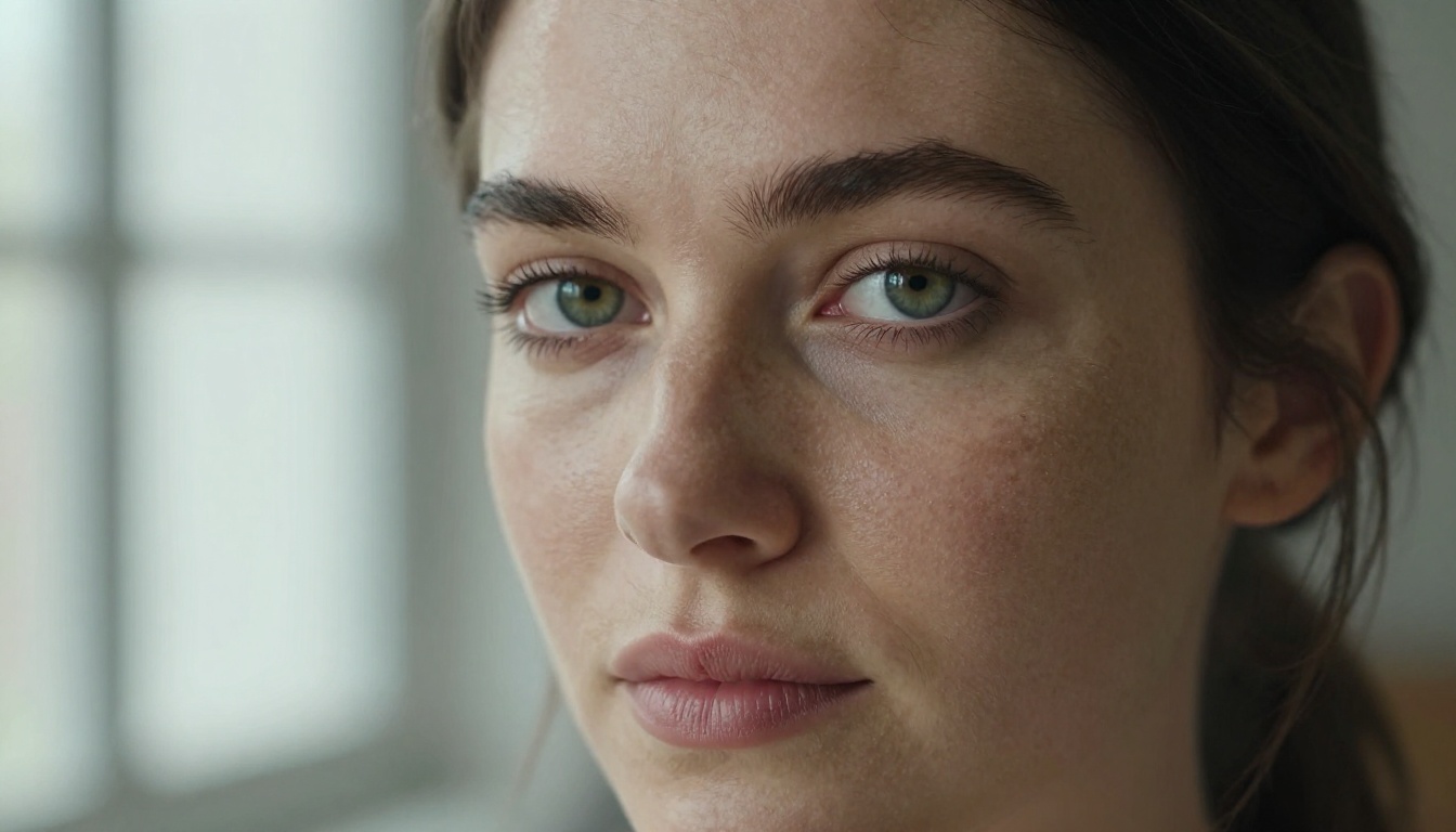 Close-up portrait of a woman with striking green eyes, photorealistic