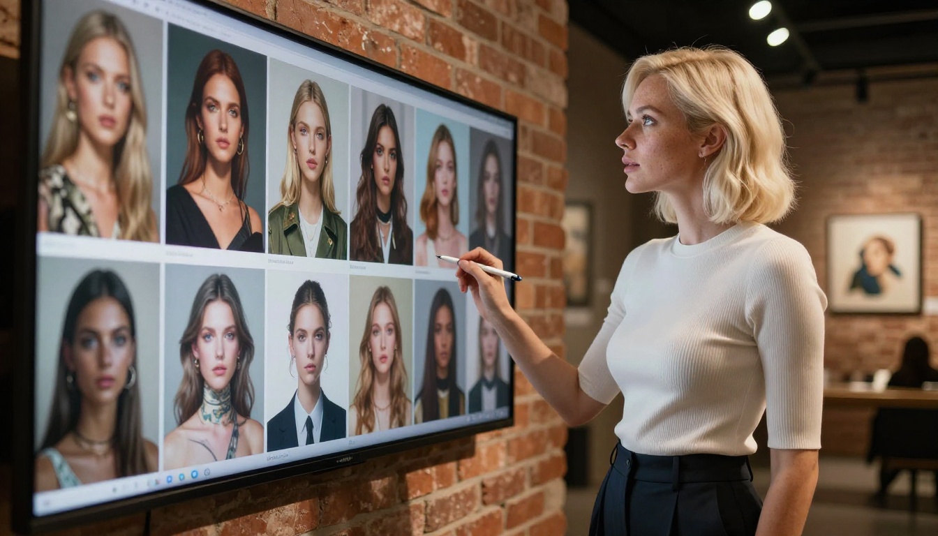 Confident woman with stylus reviewing AI-generated gallery art in warm studio light