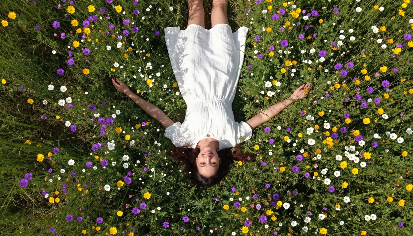 Aerial view of a woman lying in a wildflower field, photorealistic