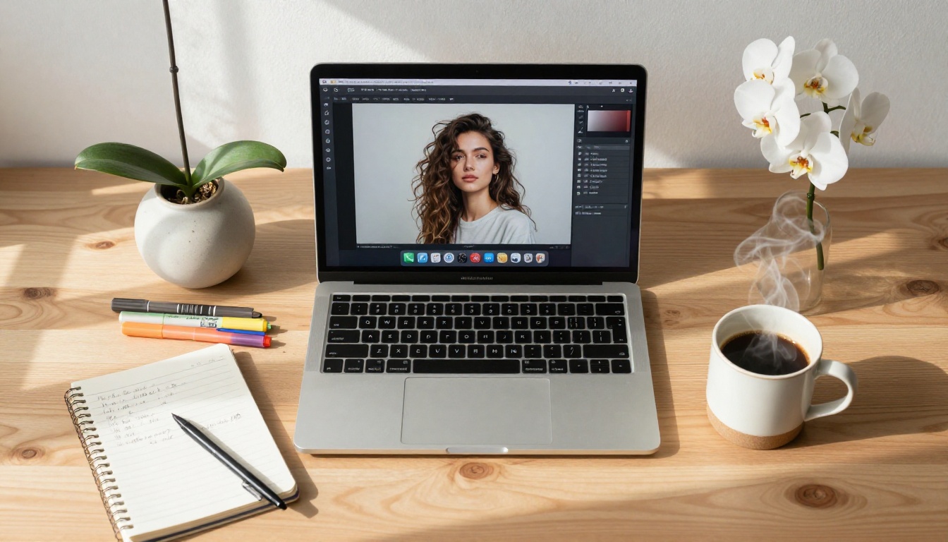 Overhead flat lay of laptop showing AI art interface on desk with coffee, notebook, and orchid