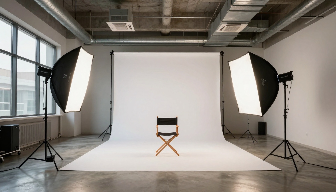 Modern photography studio interior with white seamless backdrop and professional lighting