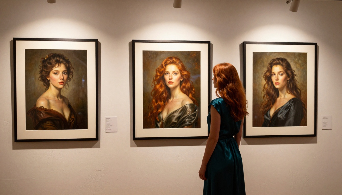Gallery of AI-generated artistic portraits on textured white wall under warm gallery track lighting