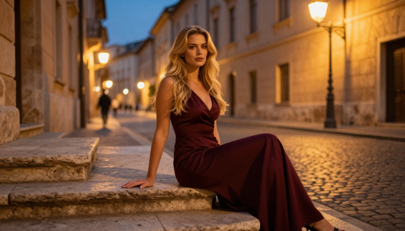 A woman in a burgundy evening dress on European cobblestone steps at dusk, photorealistic A woman in a burgundy evening dress on European cobblestone steps at dusk, photorealistic