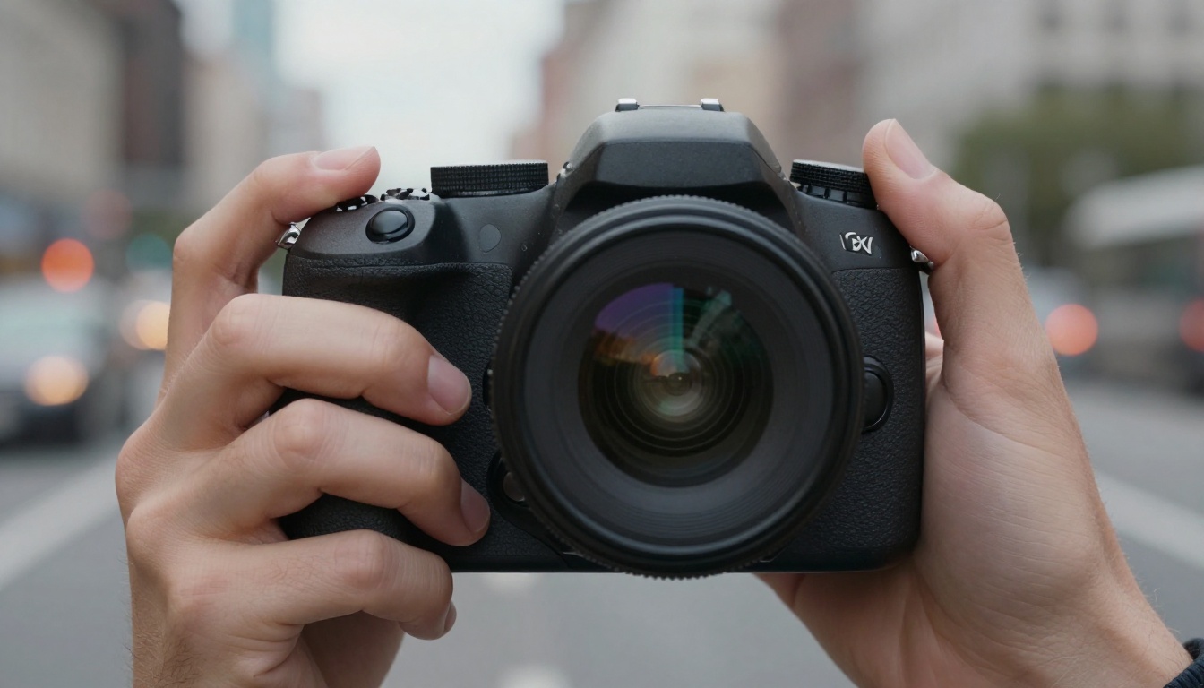 Two hands holding a professional DSLR camera, close-up photorealistic Two hands holding a professional DSLR camera, close-up photorealistic