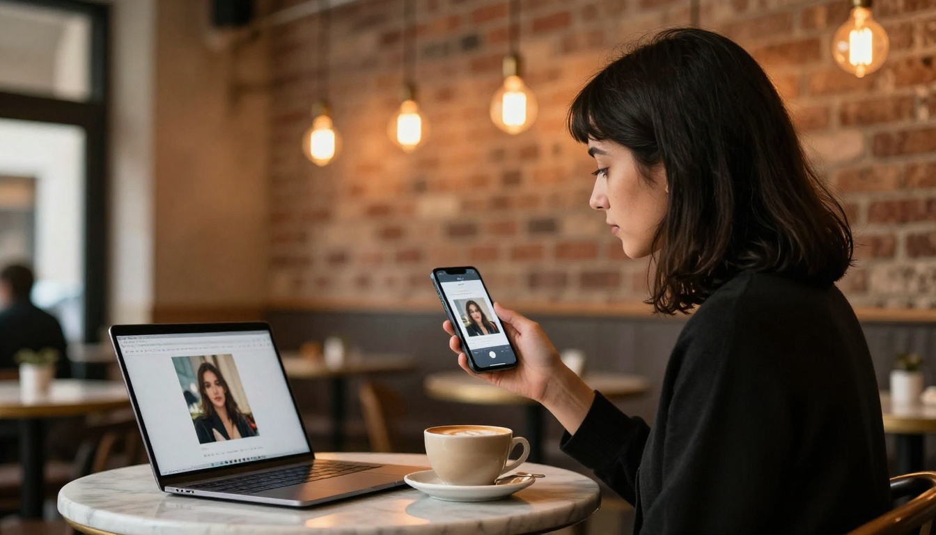 Content creator reviewing AI art on phone and laptop simultaneously at warm cafe table