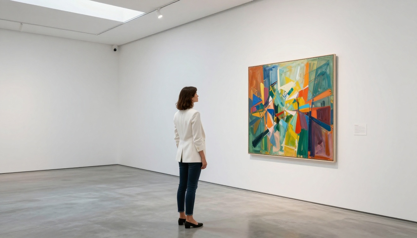 A confident woman in a white blazer studying a painting in a minimalist art gallery A confident woman in a white blazer studying a painting in a minimalist art gallery