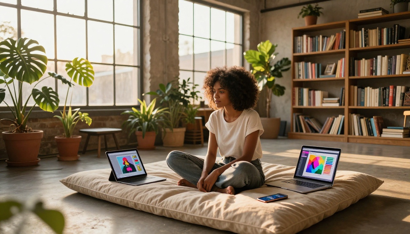 Woman with natural afro surrounded by tablets and laptops showing AI interfaces in warm loft studio