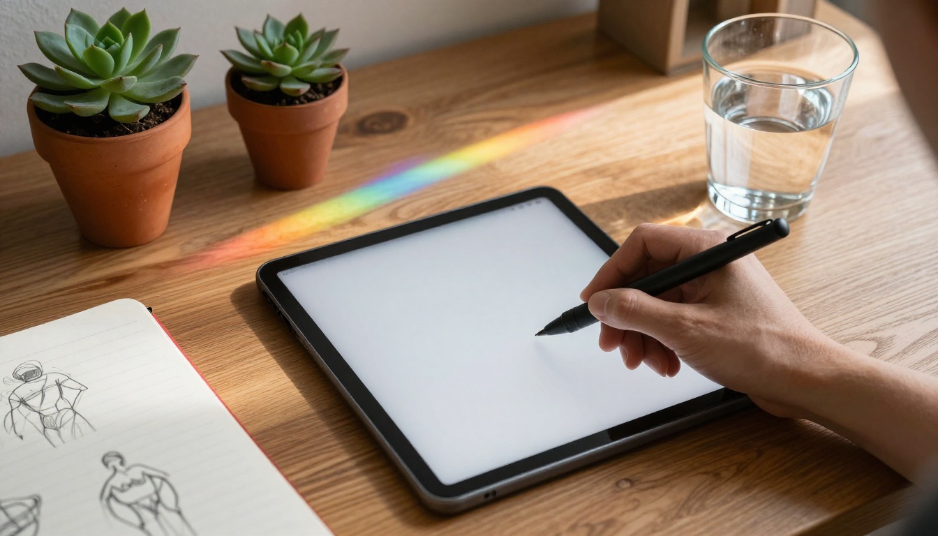 Creative desk workspace with drawing tablet, sketchbook and succulent plant, macro overhead shot Creative desk workspace with drawing tablet, sketchbook and succulent plant, macro overhead shot
