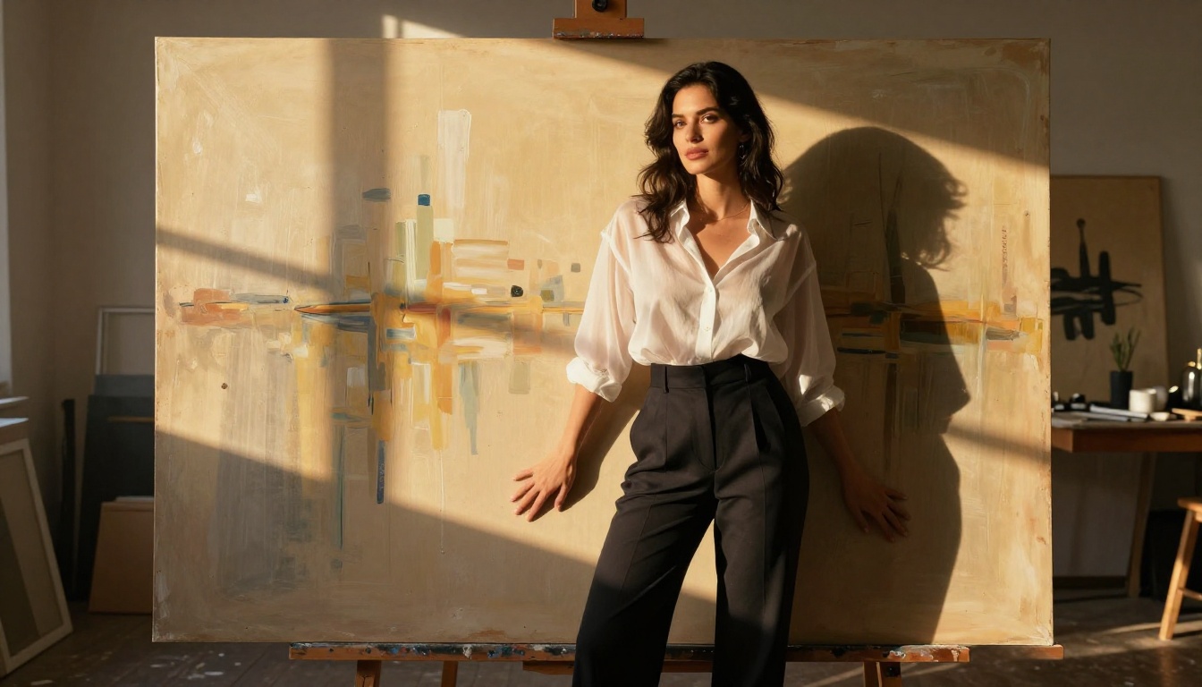 A stunning woman with long dark hair in an artist's studio with golden side light
