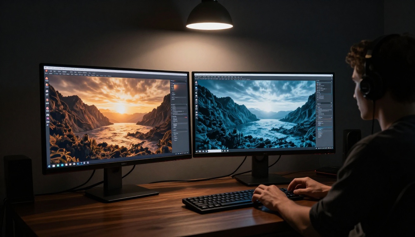 Two large monitors side by side showing different AI-generated imagery in a studio