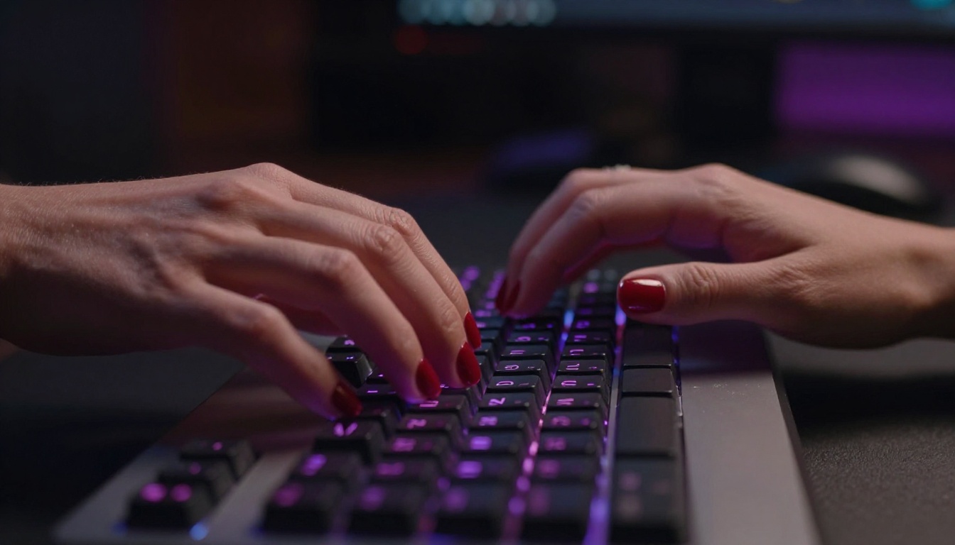 Woman's hands typing on a backlit mechanical keyboard in a dimly lit studio