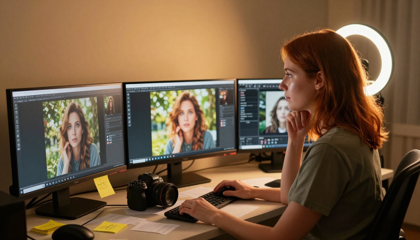 A woman with auburn hair at a triple-monitor content creator setup in warm amber light