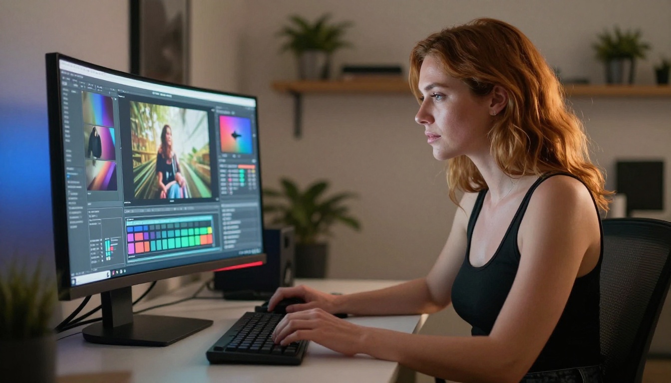 Woman creating AI video in a modern studio workspace