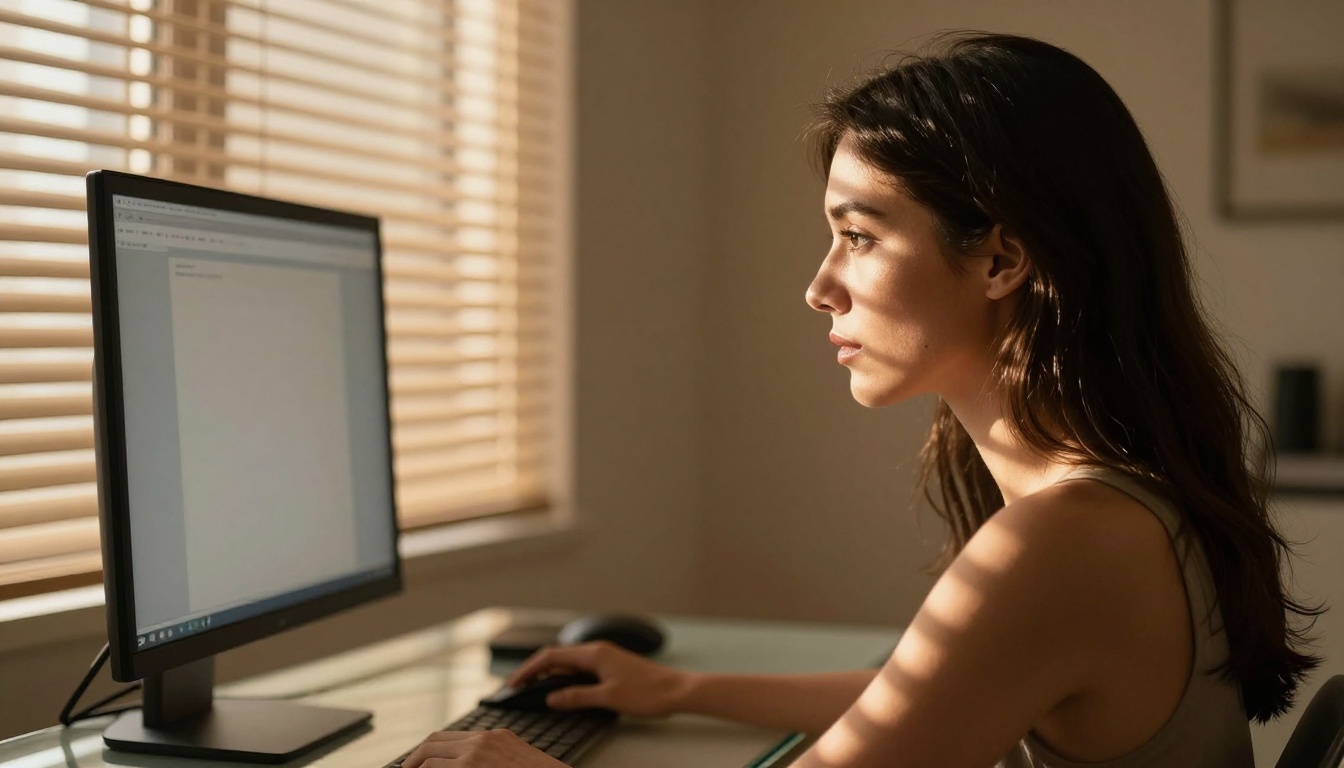 Side profile of woman looking at glowing screen with focused intensity