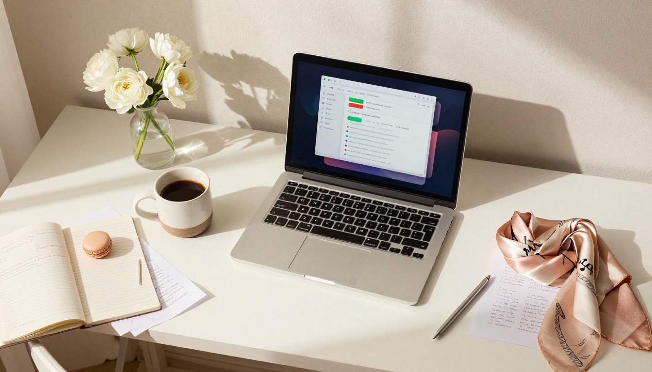 Aerial flat-lay of feminine home office workspace with laptop and flowers