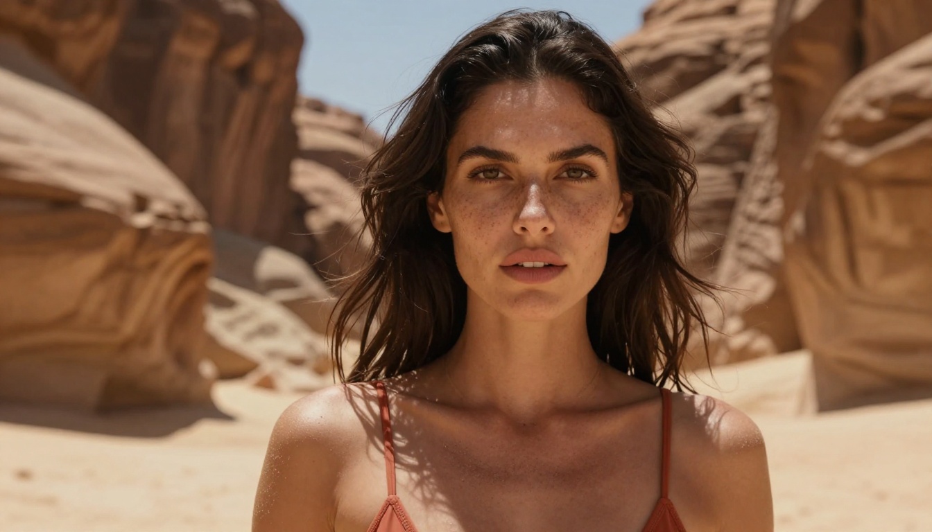 Close-up portrait of woman in terracotta bikini in desert canyon with harsh midday directional shadows Close-up portrait of woman in terracotta bikini in desert canyon with harsh midday directional shadows