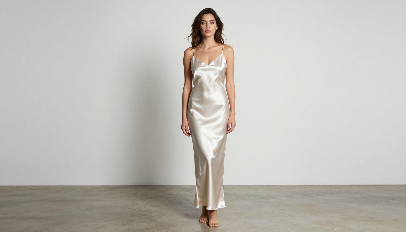 Full-body editorial woman in elegant satin slip dress minimalist studio