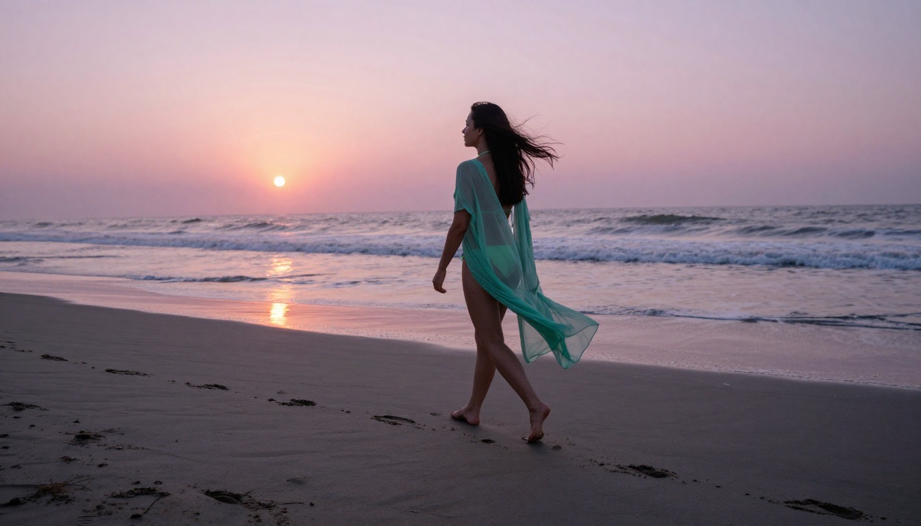 Woman in sheer beach cover-up walking along deserted shoreline at dawn, low-angle shot with pink sky Woman in sheer beach cover-up walking along deserted shoreline at dawn, low-angle shot with pink sky