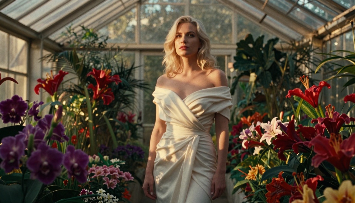 Woman in flower greenhouse golden hour photography