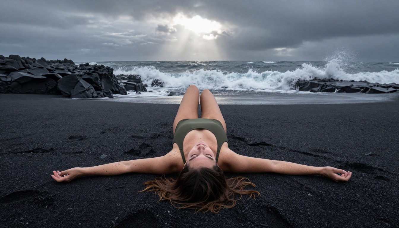 Woman in olive one-shoulder swimsuit lying on black volcanic sand beach in Iceland, true overhead aerial composition Woman in olive one-shoulder swimsuit lying on black volcanic sand beach in Iceland, true overhead aerial composition
