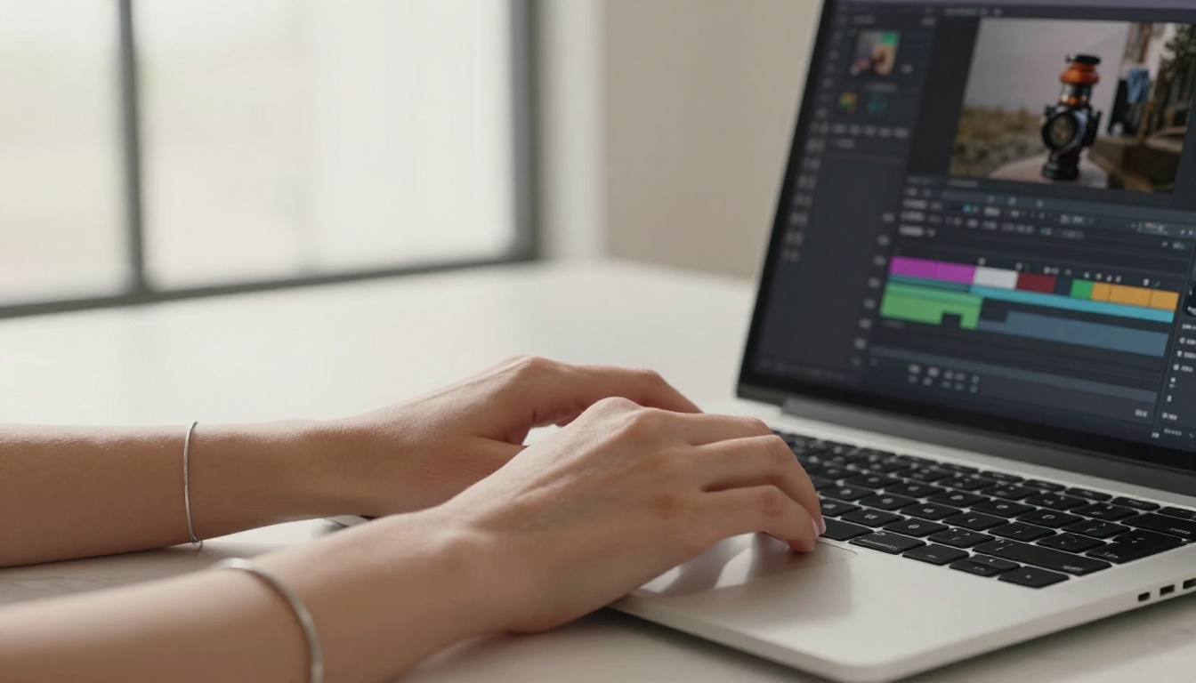 Macro close-up of woman's hand on laptop keyboard with blurred AI video generation interface on screen behind
