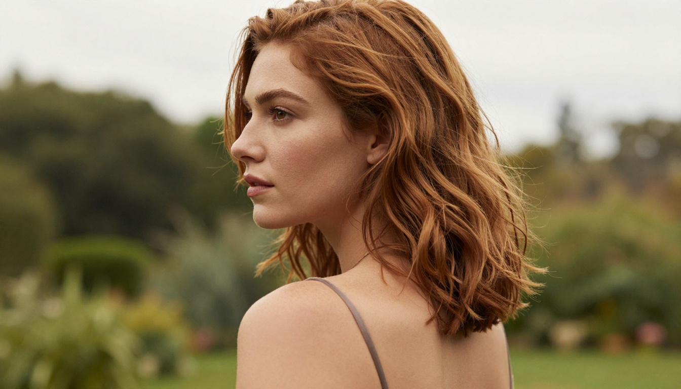 Portrait of woman with auburn hair in botanical garden, beauty editorial photography