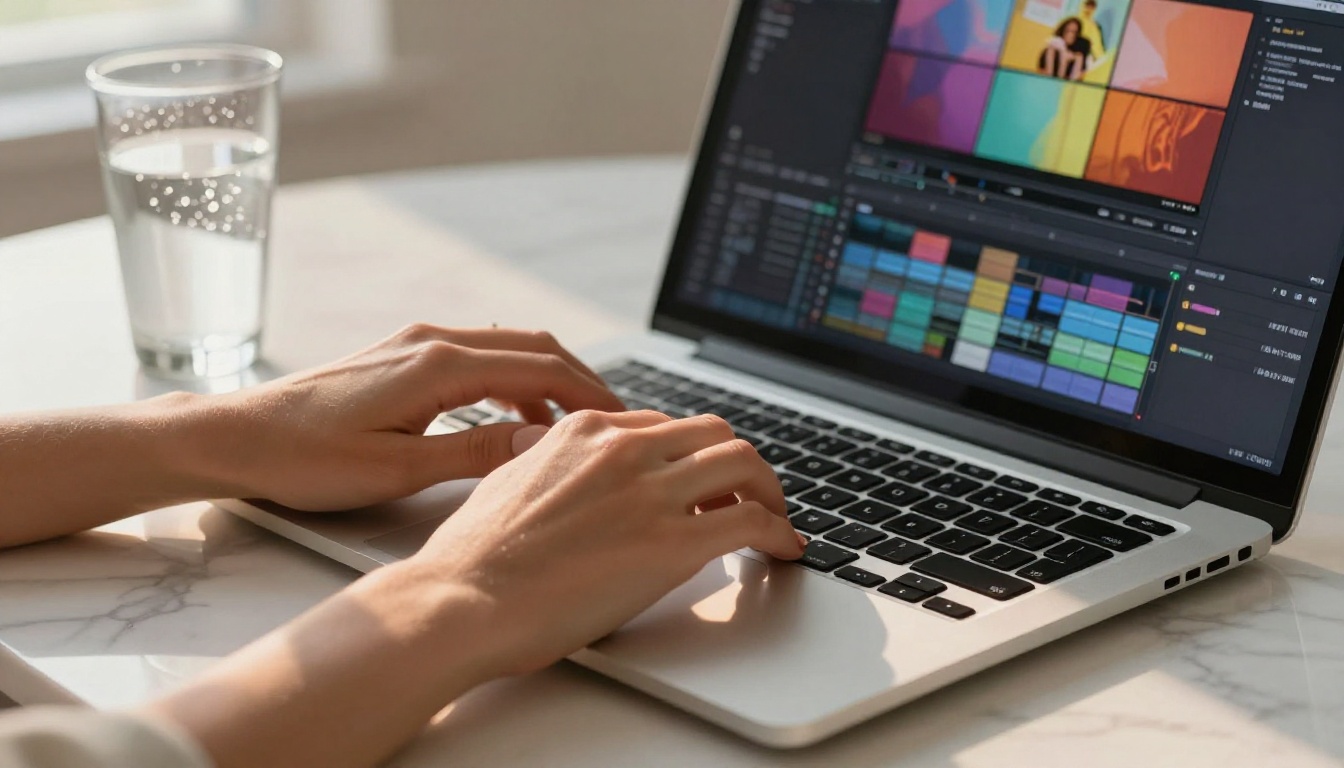 Confident woman reviewing adult AI video content at a professional home studio desk Confident woman reviewing adult AI video content at a professional home studio desk
