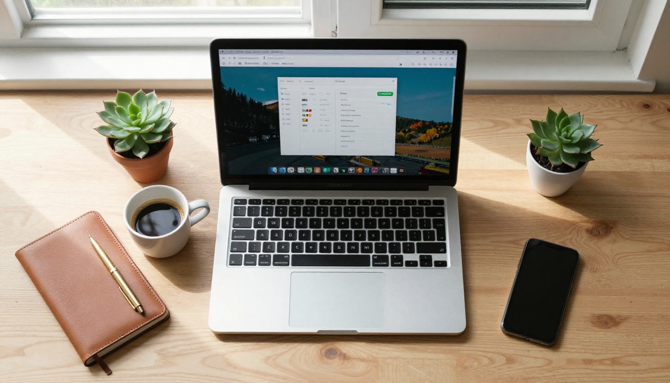 Aerial overhead flat lay of a modern creative workspace with laptop and coffee Aerial overhead flat lay of a modern creative workspace with laptop and coffee