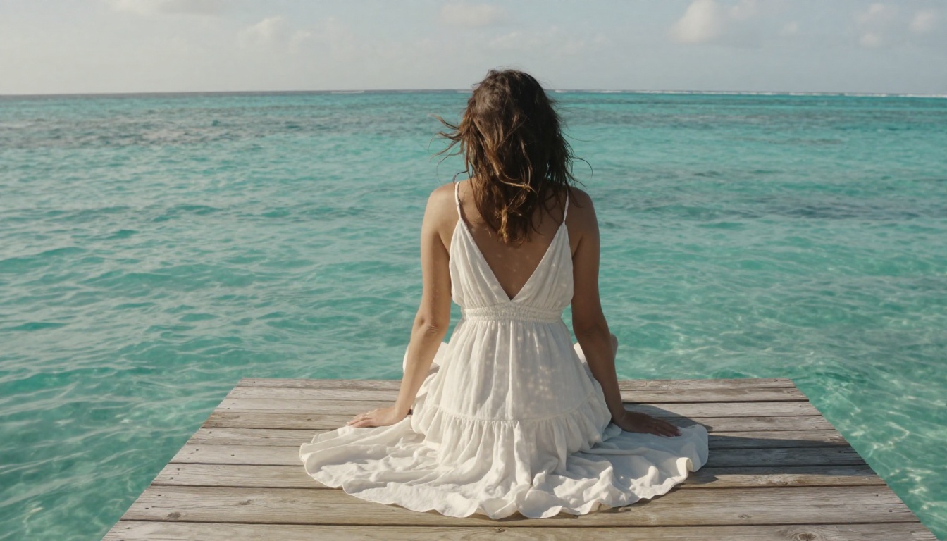 Woman in bohemian dress on Caribbean dock, lifestyle fashion editorial