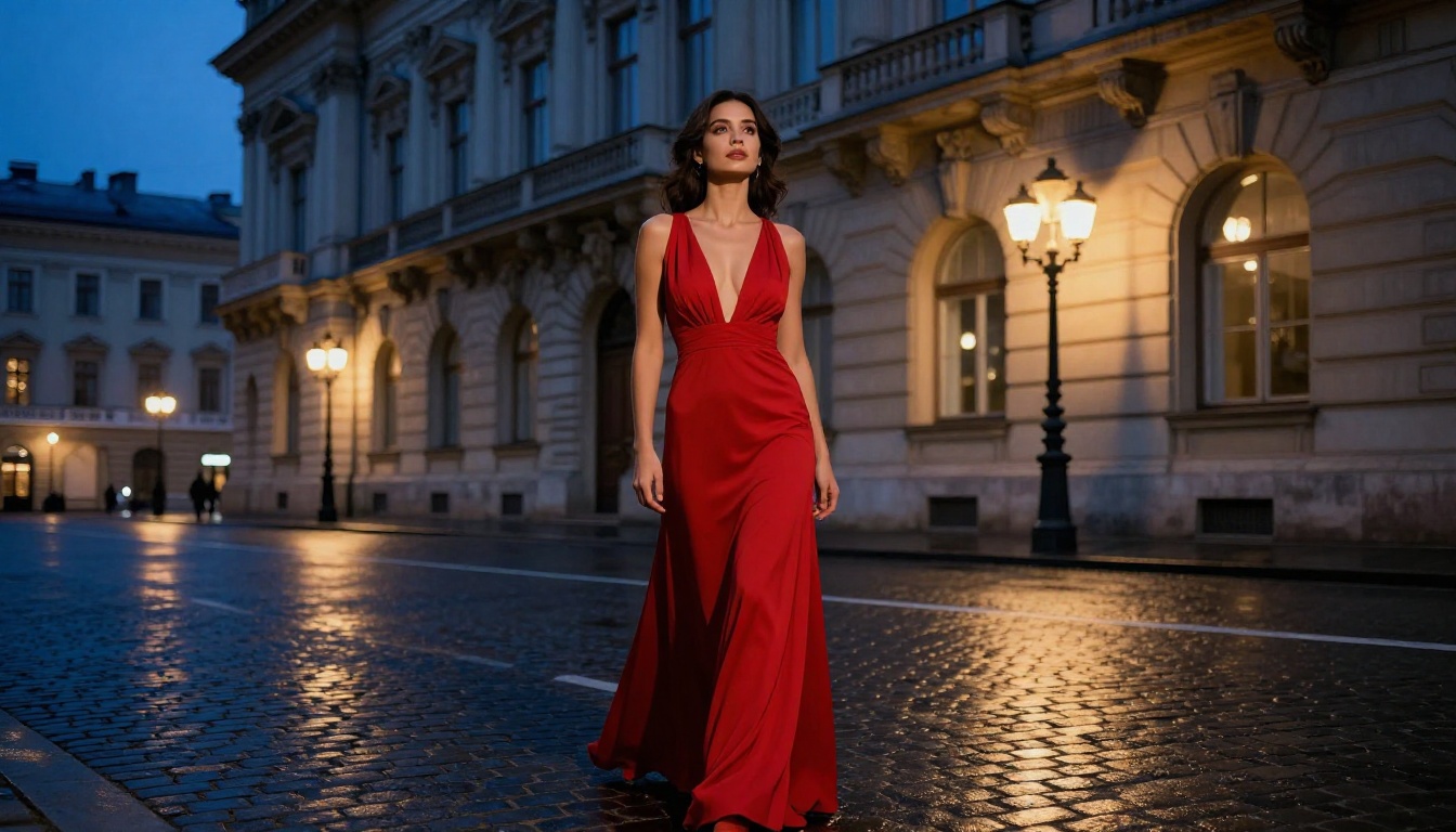 Woman in red gown at neoclassical building at blue hour, cinematic fashion photography