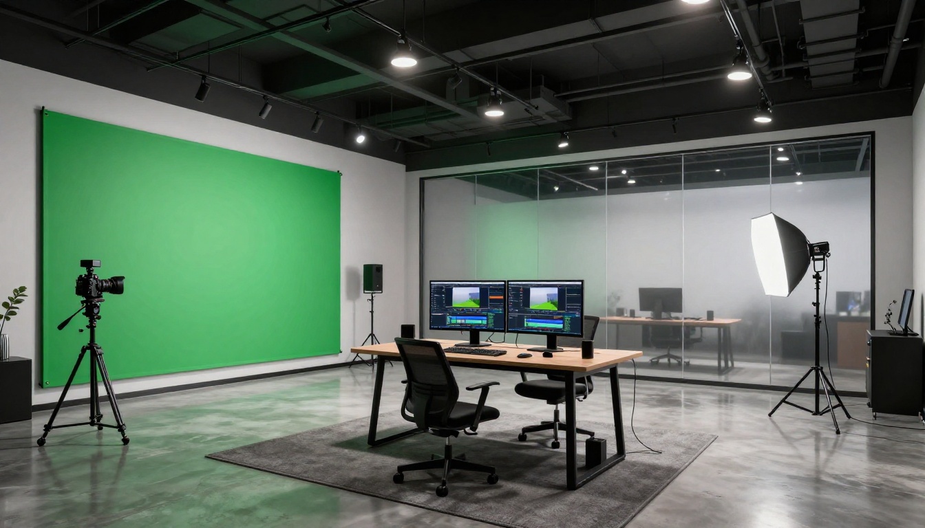 Professional content creation studio with ring lights and dual-monitor video production setup Professional content creation studio with ring lights and dual-monitor video production setup