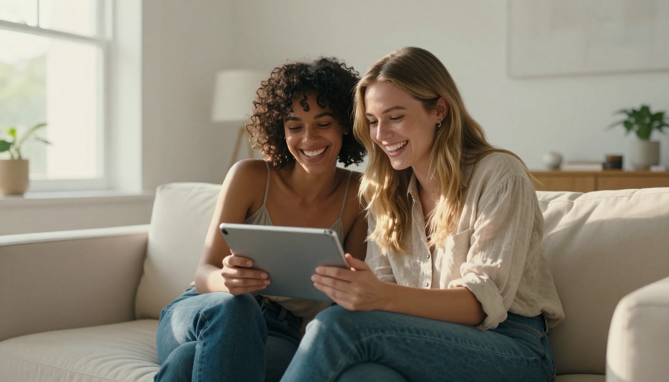Two women sharing a tablet together, reviewing AI-generated content with genuine laughter Two women sharing a tablet together, reviewing AI-generated content with genuine laughter