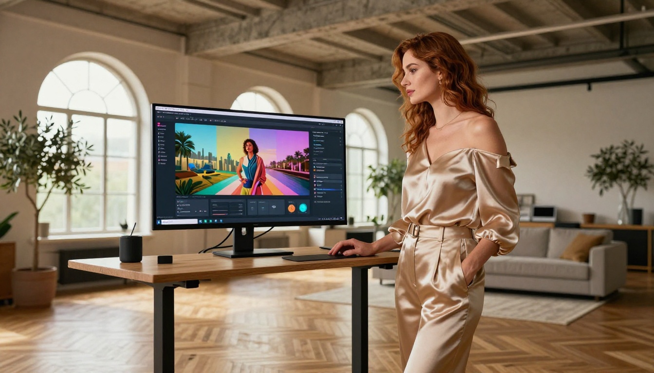 Woman with auburn hair working confidently at a standing desk in a bright modern loft apartment Woman with auburn hair working confidently at a standing desk in a bright modern loft apartment