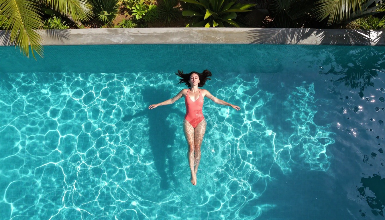 Aerial drone view of woman floating in pool, tropical setting, AI photography