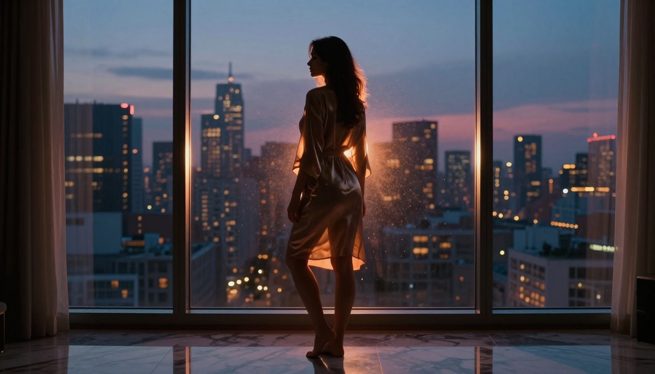 Artistic silhouette against penthouse window at dusk with warm amber city backdrop Artistic silhouette against penthouse window at dusk with warm amber city backdrop