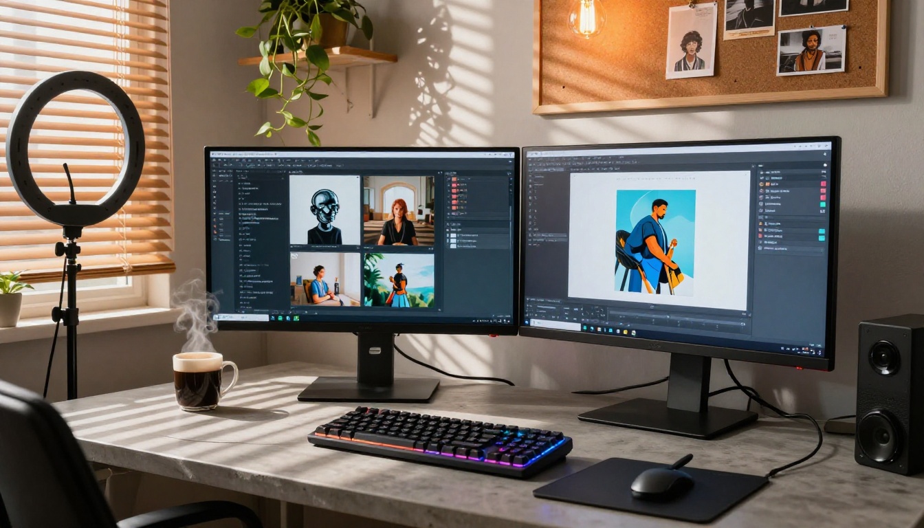 AI art creation workspace with monitors showing uncensored image generation tools