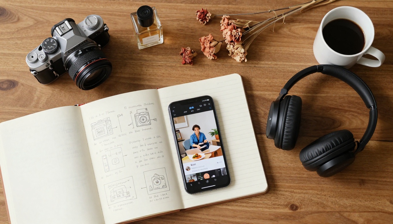 Creative lifestyle flat lay with notebook, headphones, vintage camera, and smartphone on walnut wood desk Creative lifestyle flat lay with notebook, headphones, vintage camera, and smartphone on walnut wood desk