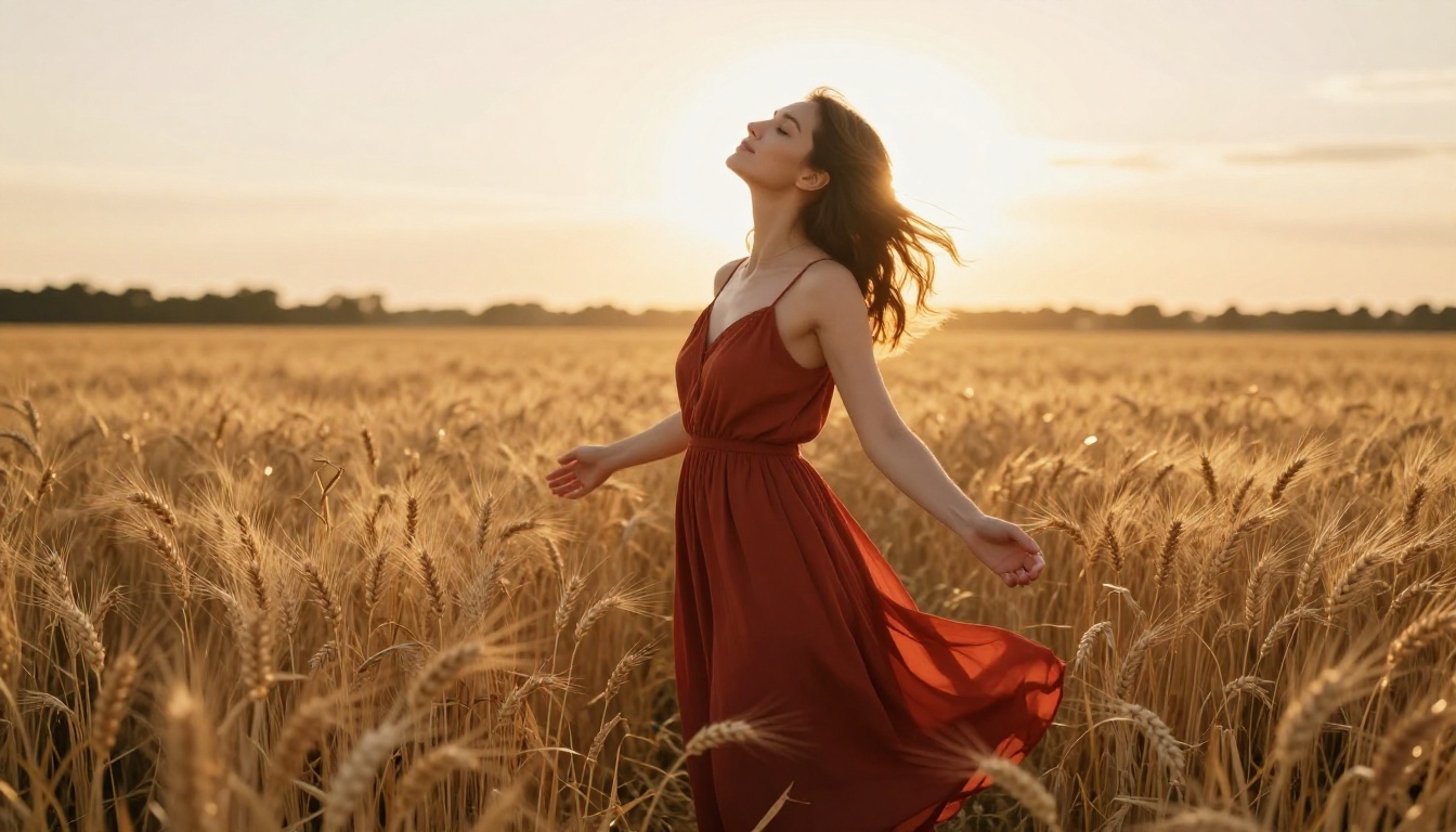 Golden hour wheat field, woman in rust sundress, AI photography