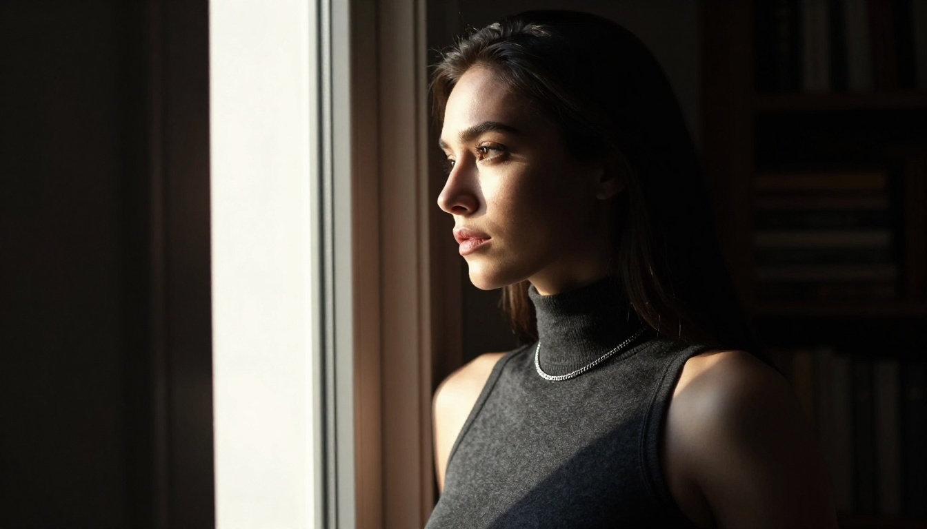 Dramatic doorway portrait, chiaroscuro lighting, side profile, AI photography