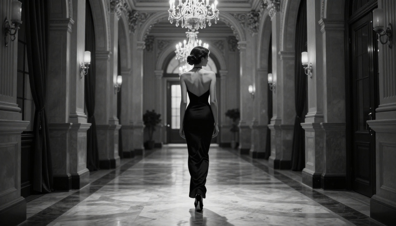 Black and white high fashion editorial in historic hotel corridor