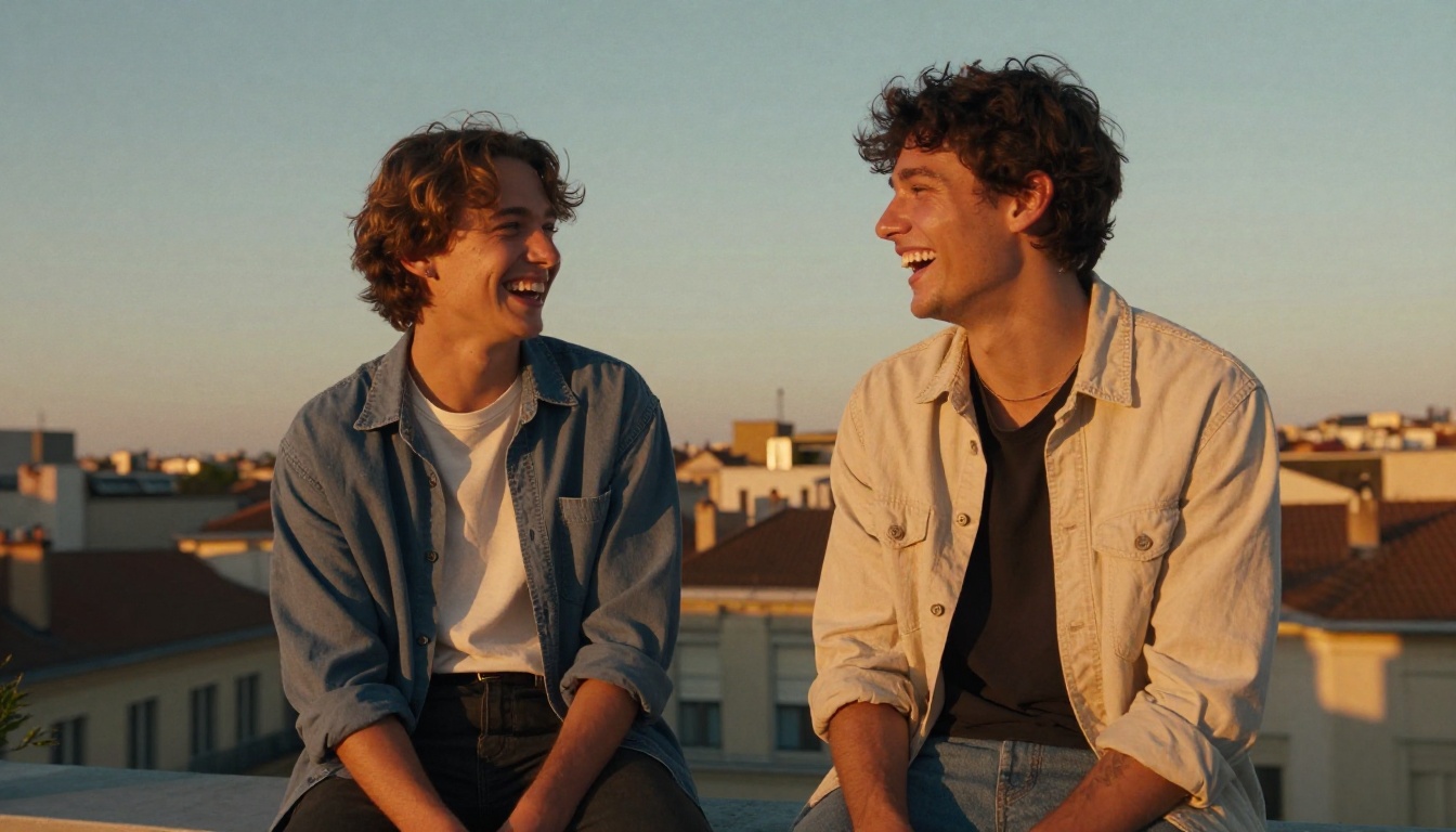 Friends laughing on rooftop at sunset Friends laughing on rooftop at sunset