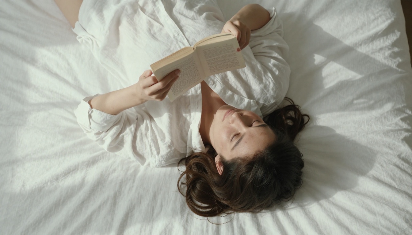 Aerial view woman on white bed linen Aerial view woman on white bed linen