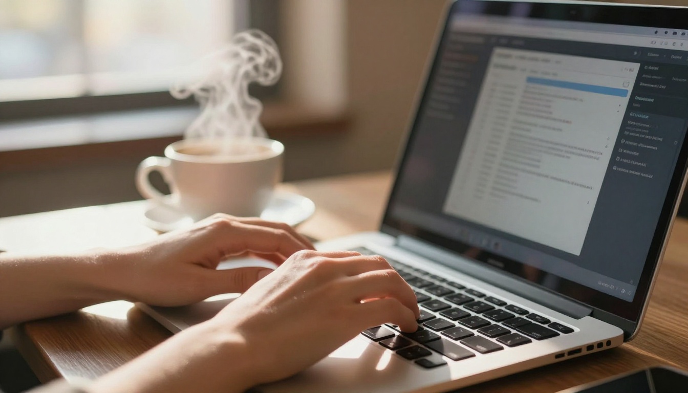 Woman typing on laptop in coffee shop Woman typing on laptop in coffee shop