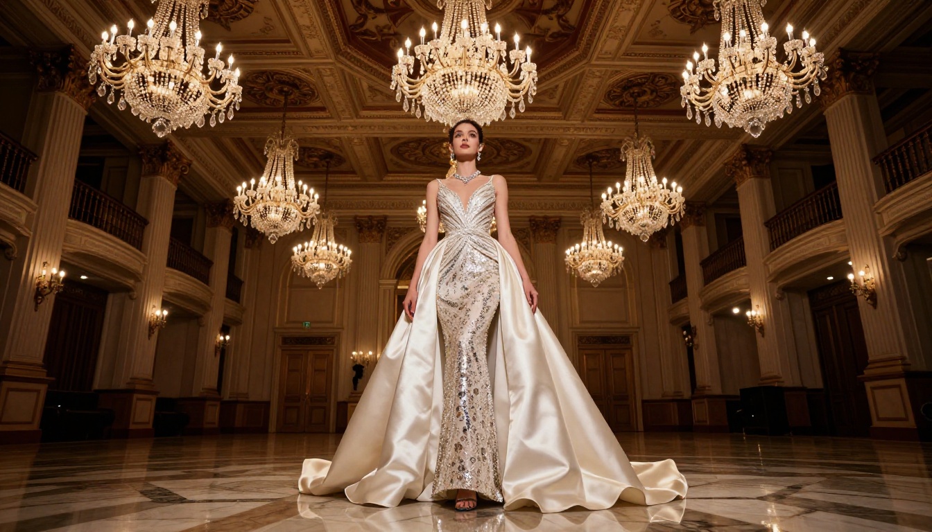 Woman in evening gown in ballroom Woman in evening gown in ballroom