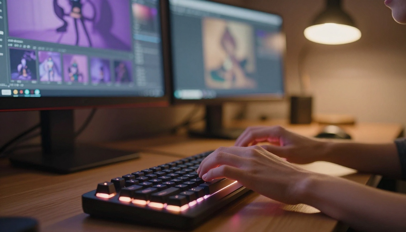 AI creative studio with keyboard and glowing screens