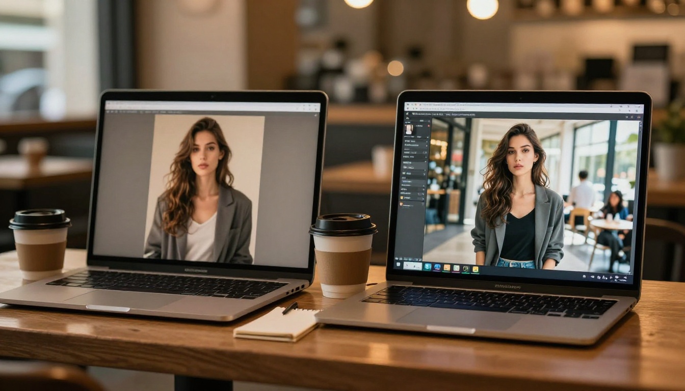 Two laptops side by side comparing AI image outputs in a café
