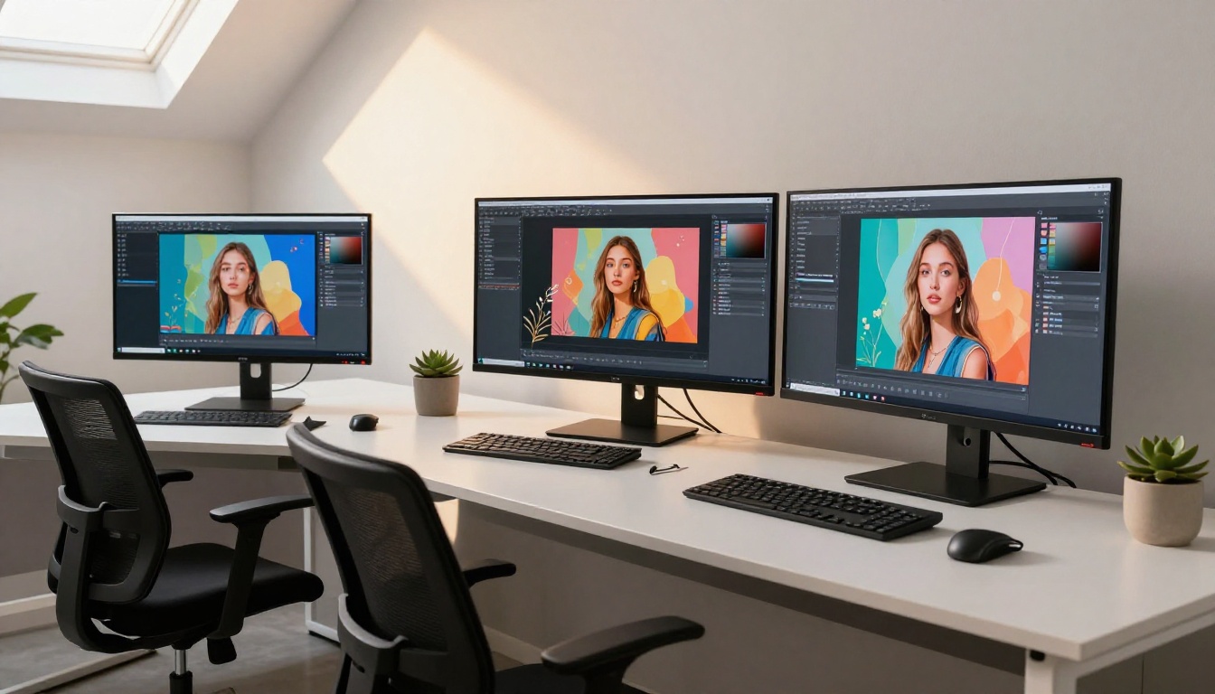 Wide modern creative workspace with three monitors showing AI platforms
